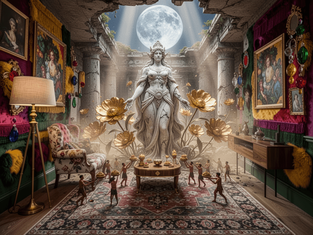 After: the same room turned into a mythic temple scene