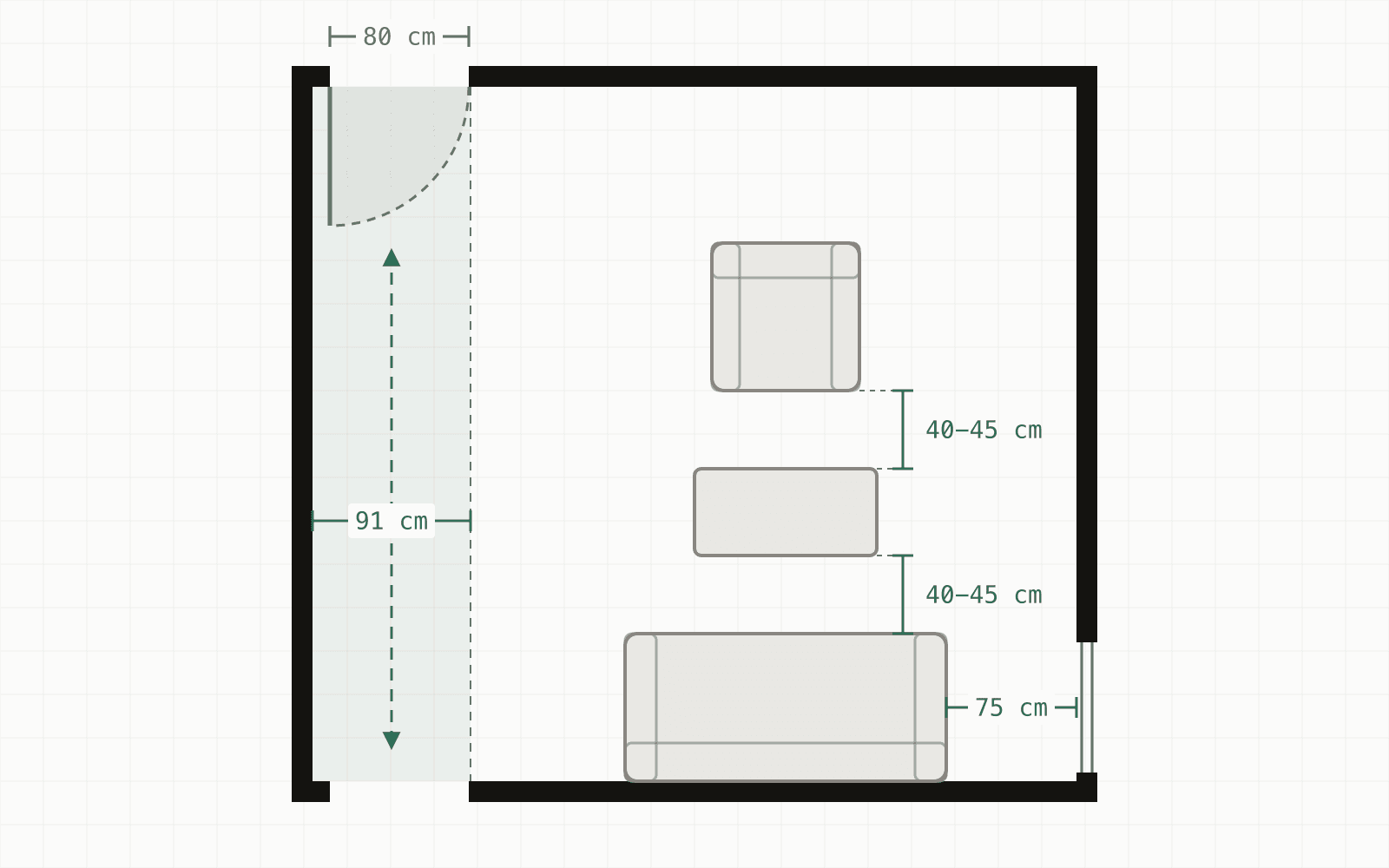 Plan of a 4.4 by 4.0 m living room. An 80 cm door swings into a 91 cm walkway along the left wall, the armchair and the sofa each sit 40 to 45 cm from the coffee table, and 75 cm stays clear between the end of the sofa and the glazed door.