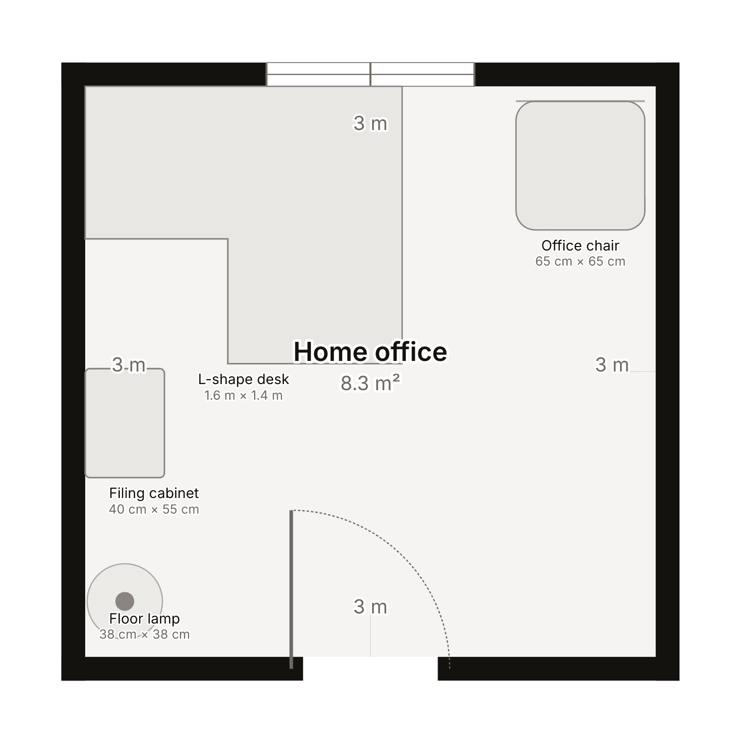 A top-down floor plan of a square room, 3 m on every side, labelled Home Office, 8.3 m², with grey furniture blocks, a window in the top wall and a door drawn with its dashed swing arc.
