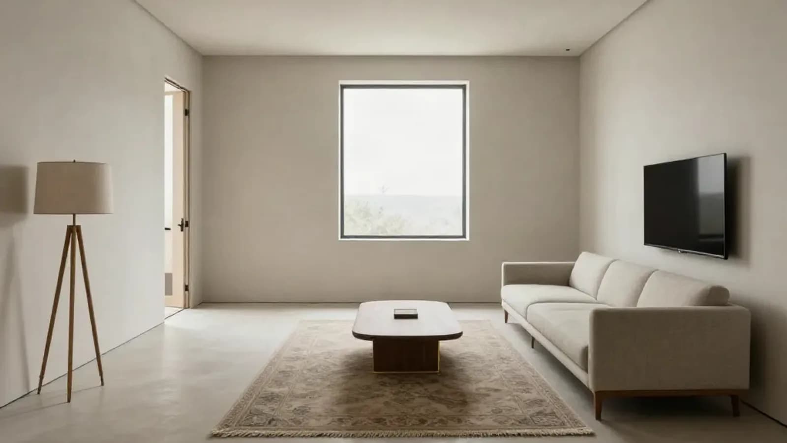 An AI-generated concept of a minimalist living room: a pale three-seat sofa along the right wall under a wall-mounted TV, a low wooden coffee table on a patterned rug, a tripod floor lamp beside an open door and a tall window in the back wall.
