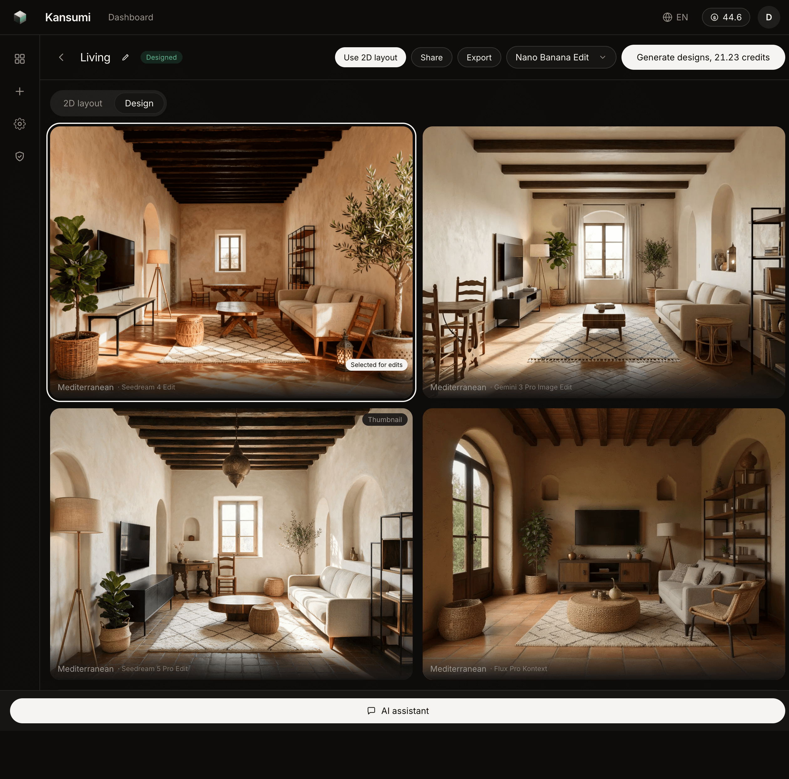 The Kansumi workspace showing four generated bedroom concepts in a grid: two pale modern minimalist versions on top, the first marked as selected for edits, and two warmer traditional versions below with wooden doors and patterned rugs.
