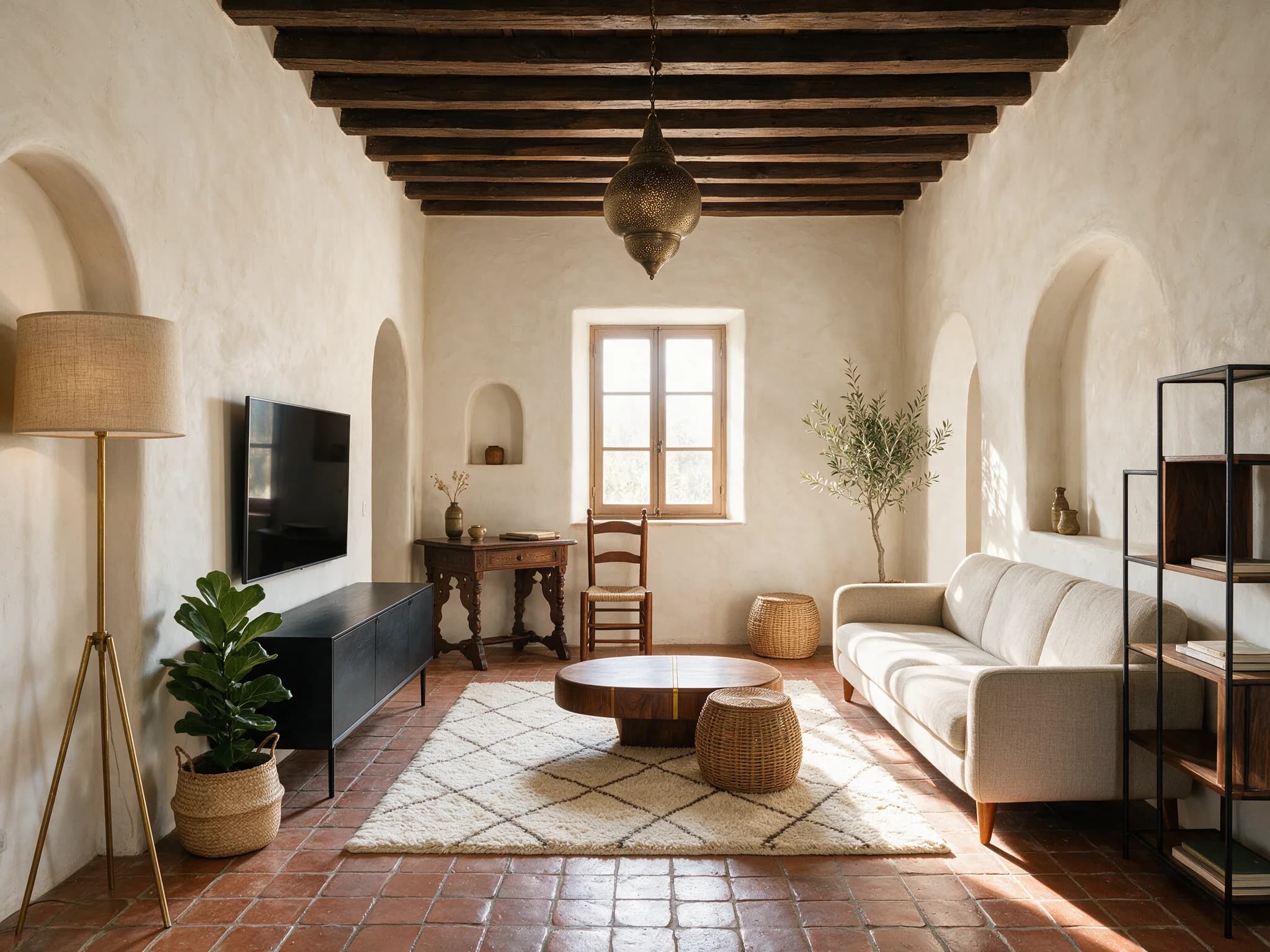 A validated 2D floor plan next to the photorealistic AI interior design render Kansumi generated from it